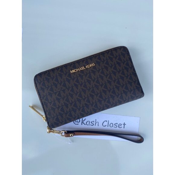 Michael Kors wristlet large phone case wallet jet set travel MK signature brown - Picture 1 of 6